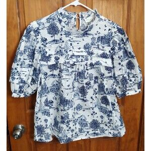 This Just In Clothing Boutique Womens Top XL White Blue Short Sleeve Cotton